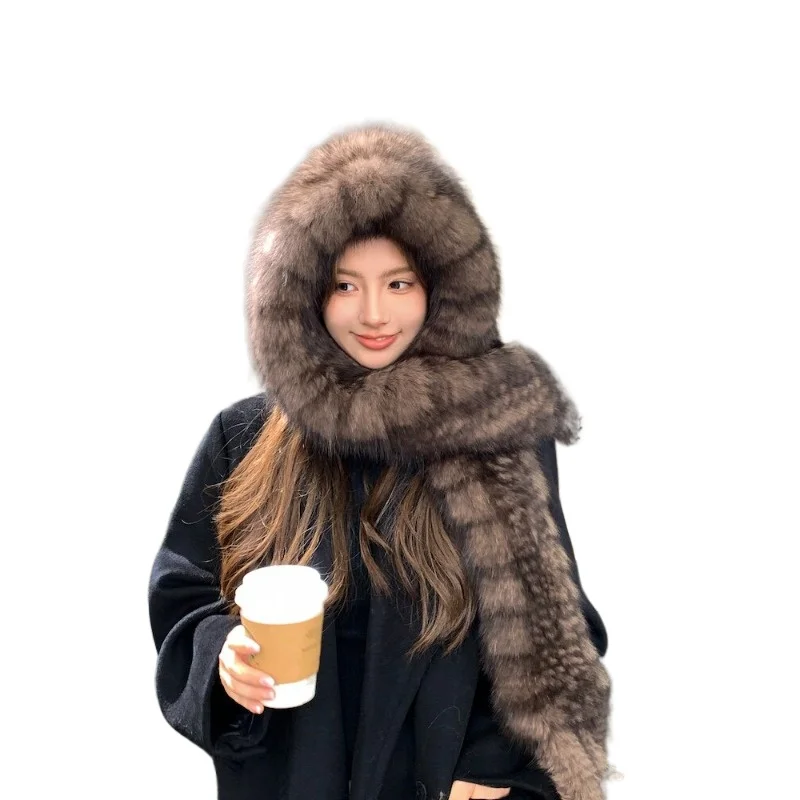 Fox Fur Hat, Scarf, Snow Hat, Women's Autumn and Winter Warmth, Advanced Sense, Double-Sided Thickened Plush Ear Protection Hat