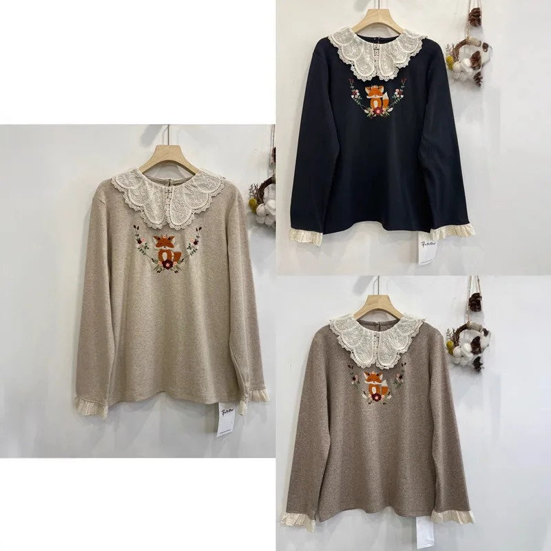 Autumn New Sweet Mori Girl Cartoon Fox Embroidery Cotton T Shirt Women Ruffles Collar Long Sleeve Casual Loose Tshirt Tops