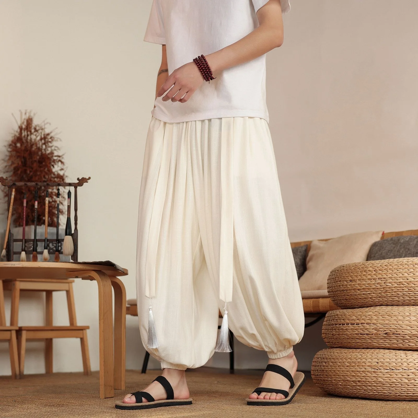 Male Trendy Chinese Style Harem Pants Men Senior Ribbon Linen Daily Trouser Gentlemen Summer Breathable Big Size 8XL Pantalon