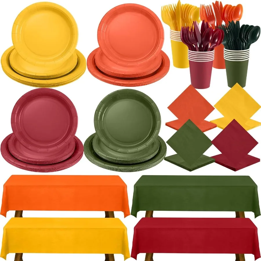 

340 Pcs Fall Plates and Napkins Party Supplies Thanksgiving Disposable Dinnerware Set Include Plates Napkins Cups Cutlery Table