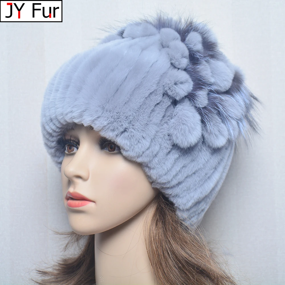 New Luxury Women Fur Hat For Winter Handmade Natural Rex Rabbit Fox Fur Cap Russian Female Fur Headgear Brand Warm Beanies Cap