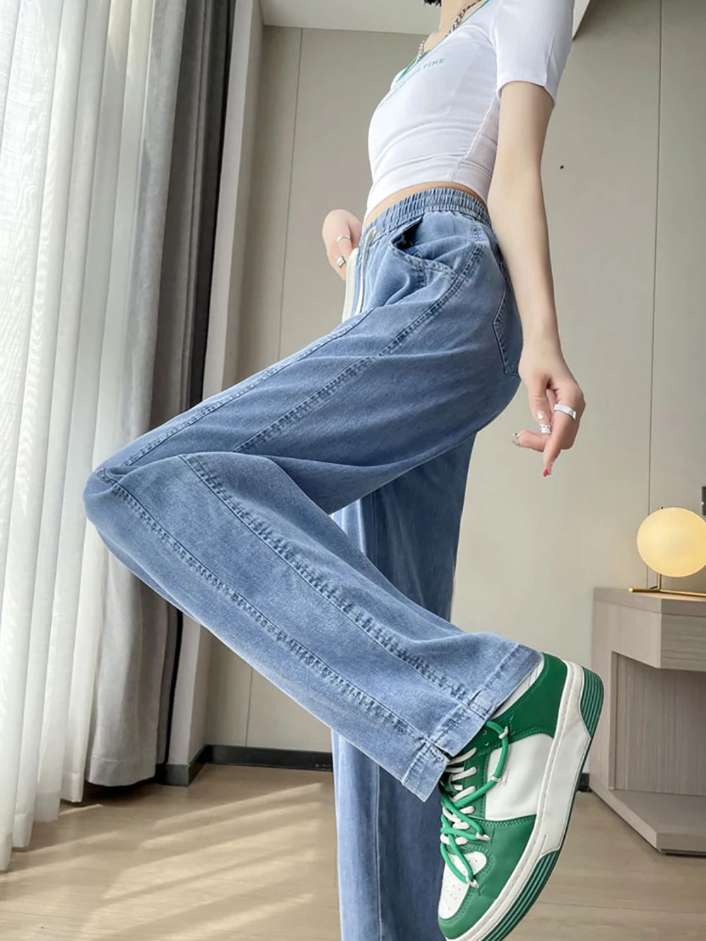 Drawstring Elastic Waist Ice Silk Jeans Thin Style for Women's New Summer Loose Wide Leg Pants Fashion Soft Denim Pants