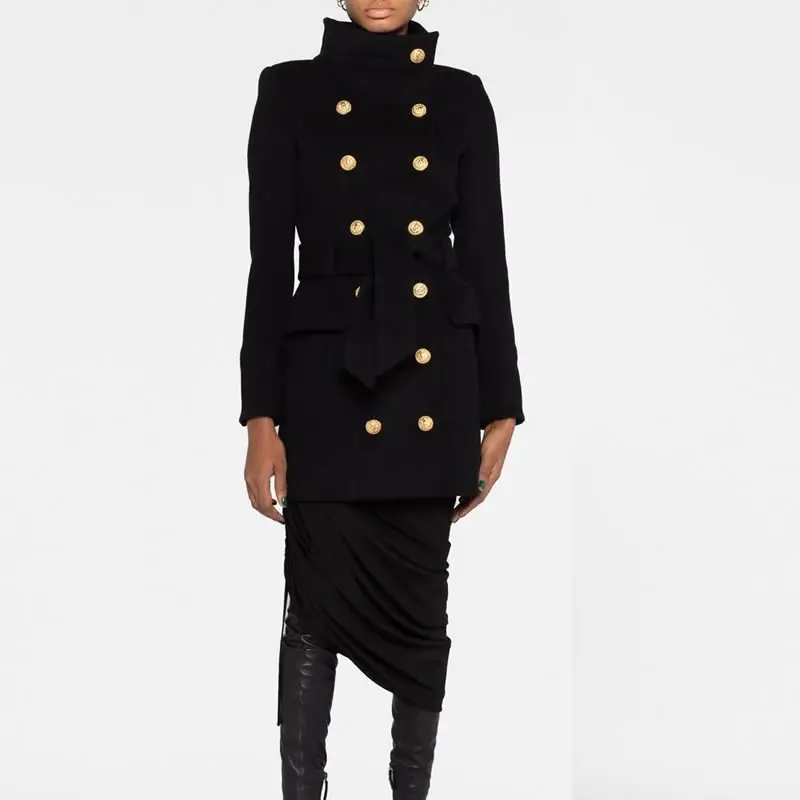 Double Breasted Long Sleeve Coat, Black Wool Coat, Gold, 2023, New, Winter