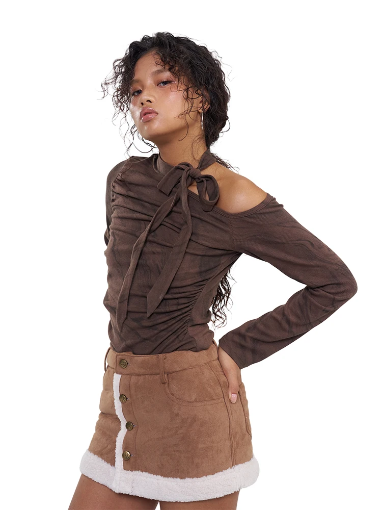 

New Brown Asymmetrical oulder Scarf Top Women's Faion Slim Fit Long Sve Printed T-irt Winter Season Regular Length