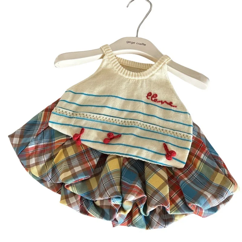 الفتيات مجموعة 2025 صيف جديد ملابس أطفال الكورية نمط طفلة محبوك التطريز نصف سترة جراب السراويل قطعتين عادية #6