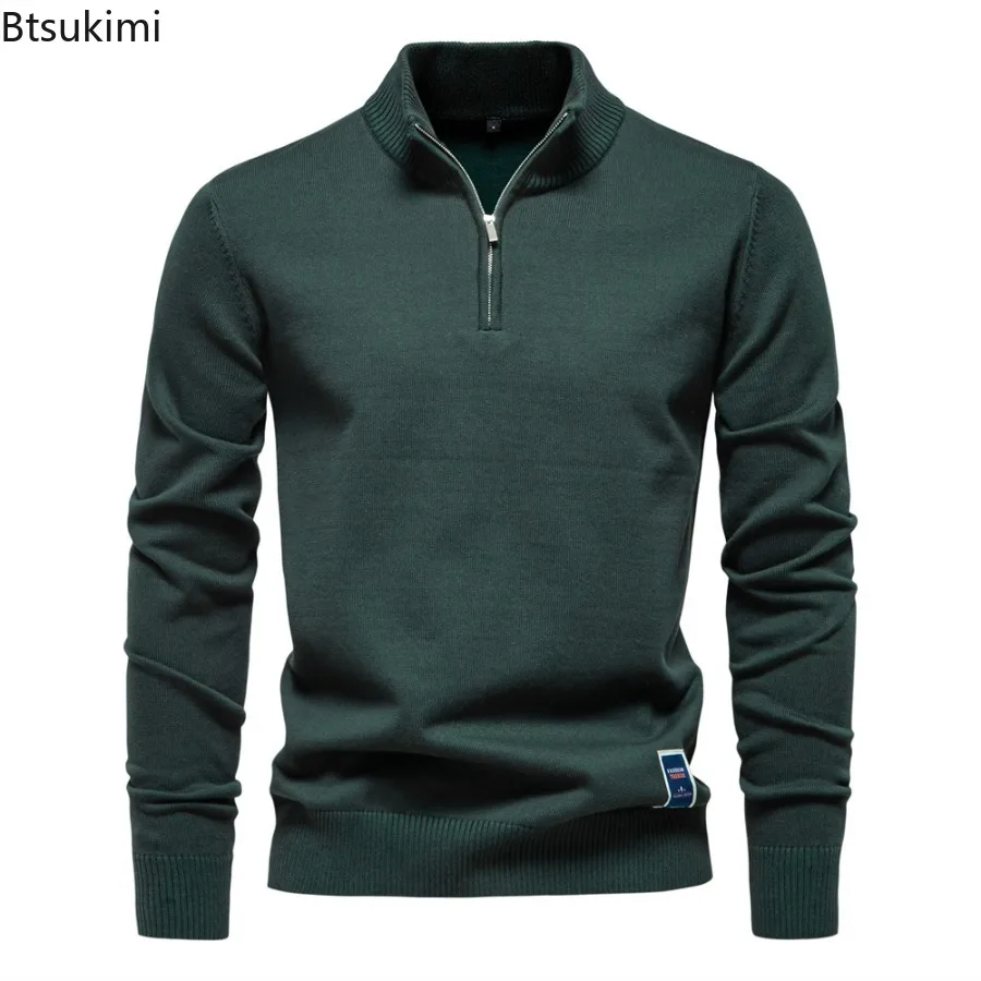 

2025 New Mens Long Sleeve Quarter Zip Cotton Pullover Sweaters Solid Color Casual Social Knit Slim Fit Mock Neck Polo Sweaters