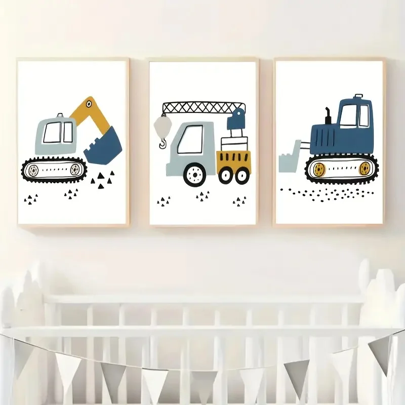 3PCS Cartoon Construction Vehicle Canvas Wall Art, Excavator Crane Bulldozer Print Boys Nursery Room Decor