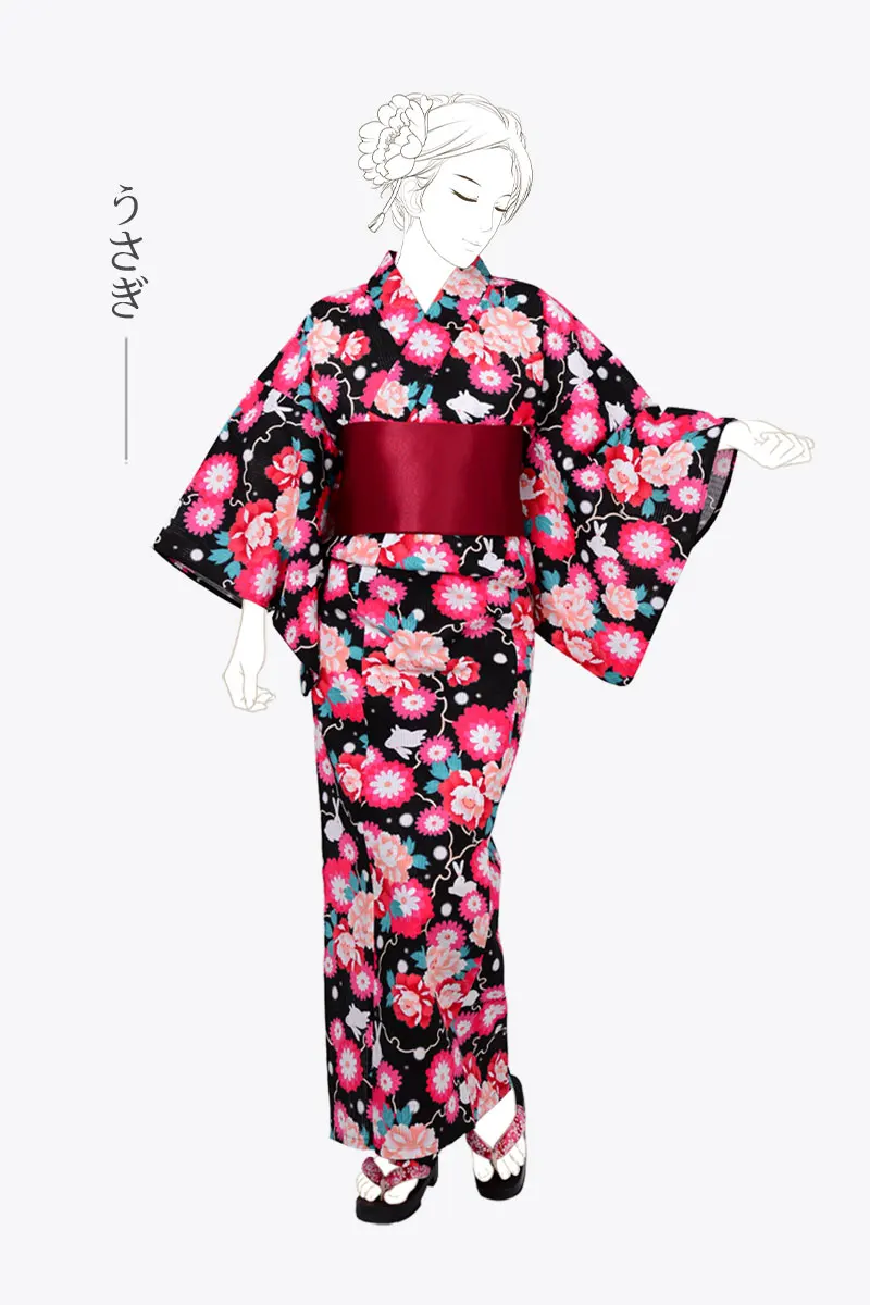 New Japanese Kimono Yukata Pure Cotton Vintage Dress Absorbent And Breathable Red Flower Printing 163cm Length