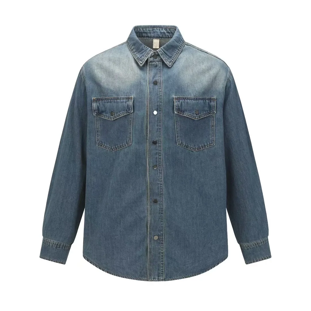 

Men Autumn Retro Denim Cargo Shirt Men Fashion Washed Multi-pocket Casual Blouses Male Vintage Long Sleeve Thick Denim Shirt