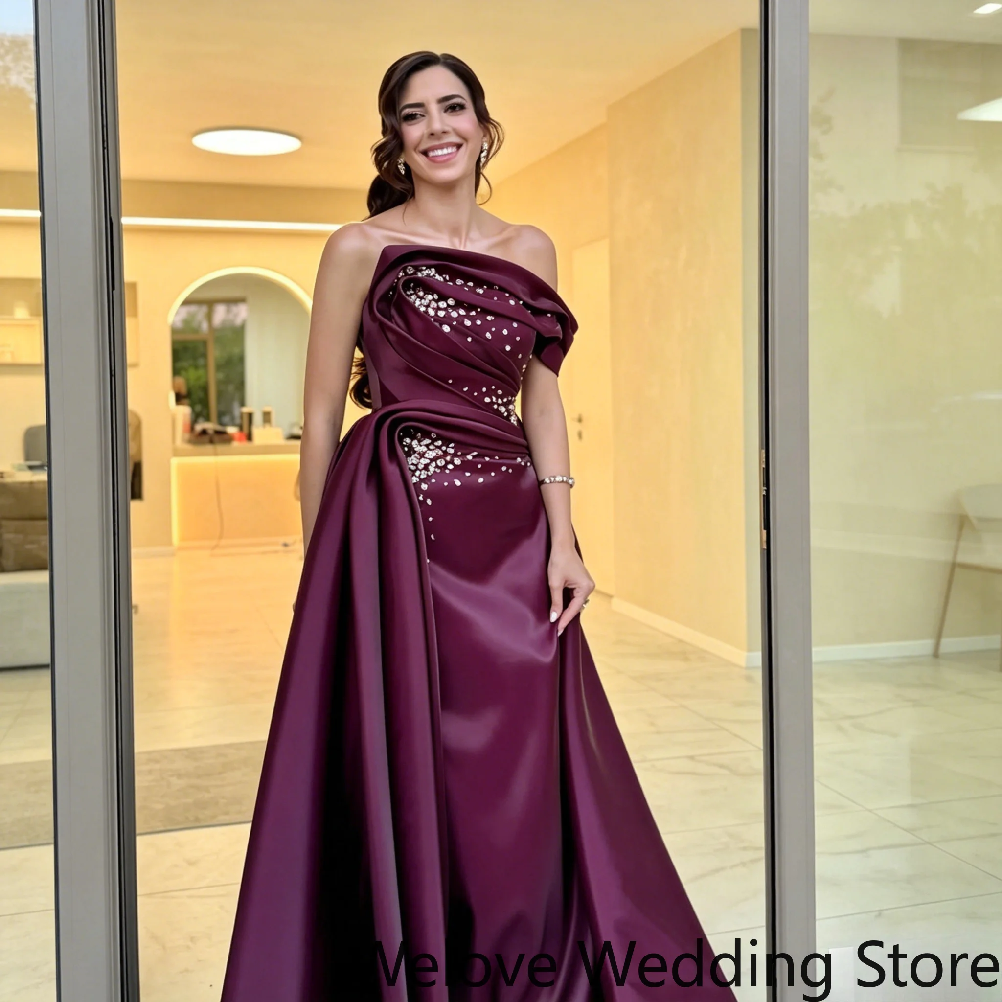 Evening Party Gown Featuring Straight Strapless Neckline, Artistic Draped Fold On Upper Bodice Clustered Scattered Rhinestone