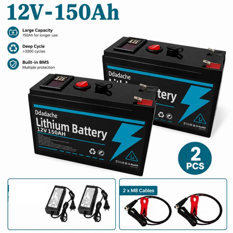 EU-Lagerbestand: 12V 150Ah LiFePO4 Lithium-Batterie mit USB-Anschluss, BMS, Deep-Cycle-Solarbatterie für Solarladung, Fischfinder, Marine, Camping, netzunabhängige Stromversorgung