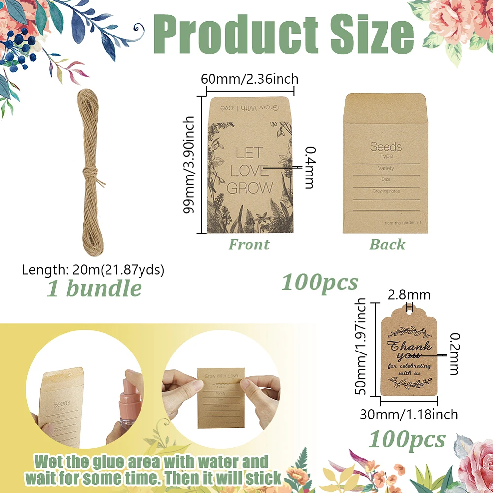 100 Sets Let Love Grow Wedding Party Favors for Guests Include Flower Seed Envelopes Bulk Thank You Tags and Hemp Ropes
