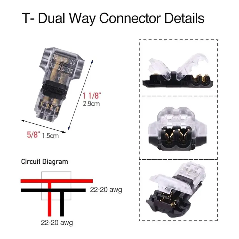 A50U Wire Connectors - Low Voltage T Tap Wire Connector, 3 Way Wire Connector, T Type 2 Pin Solderless Fits 24-20 AWG 24 Pack