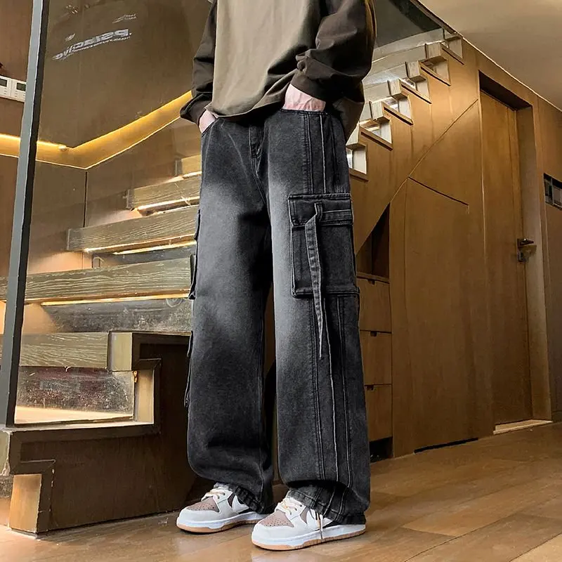Autumn New Men's Loose Jeans Multi-pocket Work-wearing Jeans Street Hip-hop Straight Wide-leg Pants Baggy Dance Pants