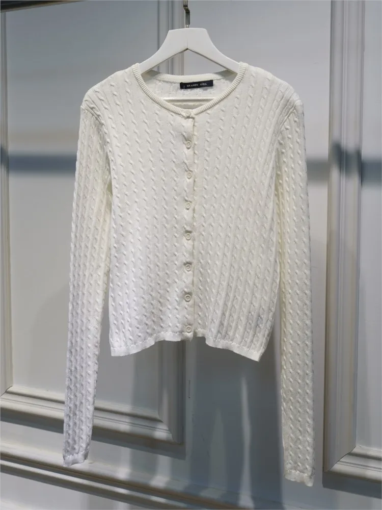 

White Twisted Flower Knit Cardigan Women Autumn Casual O-Neck Single-breasted Slim Crop Top Preppy Style Chic Sweaters Y2K