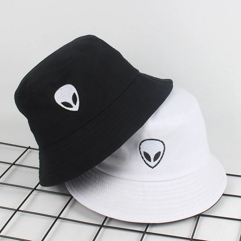 Alien Pattern Bucket Hat for Unisex Black/White Color Hip Hop Men Women Summer Panama Cap Beach Fishing Hats Cotton Sunhat