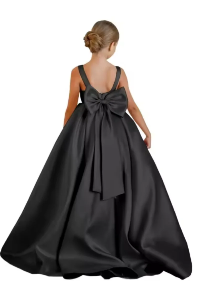Vestido de fiesta de boda de satén para niños, vestido sencillo con lazo y flores para niña, vestido largo de cumpleaños, vestido de primera comunión