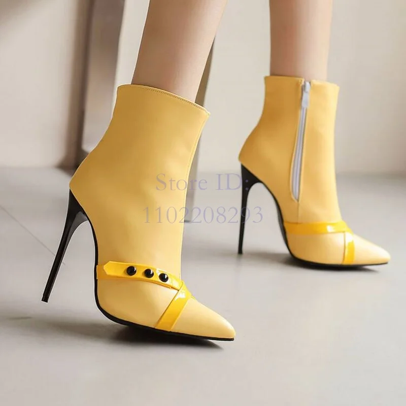 

Pointed Toe Cross-tied Decor Ankle Boots Women Solid Rivet Stiletto Side Zipper Black High Heels Slim Boots PU 2024 New Winter