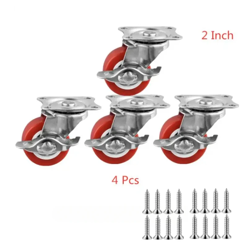 4 Pcs/Set 2 Inch Pvc Flat Bottom Brake Caster, 65mm High, Top Universal Wheel, Red Furniture Bearing 90KG