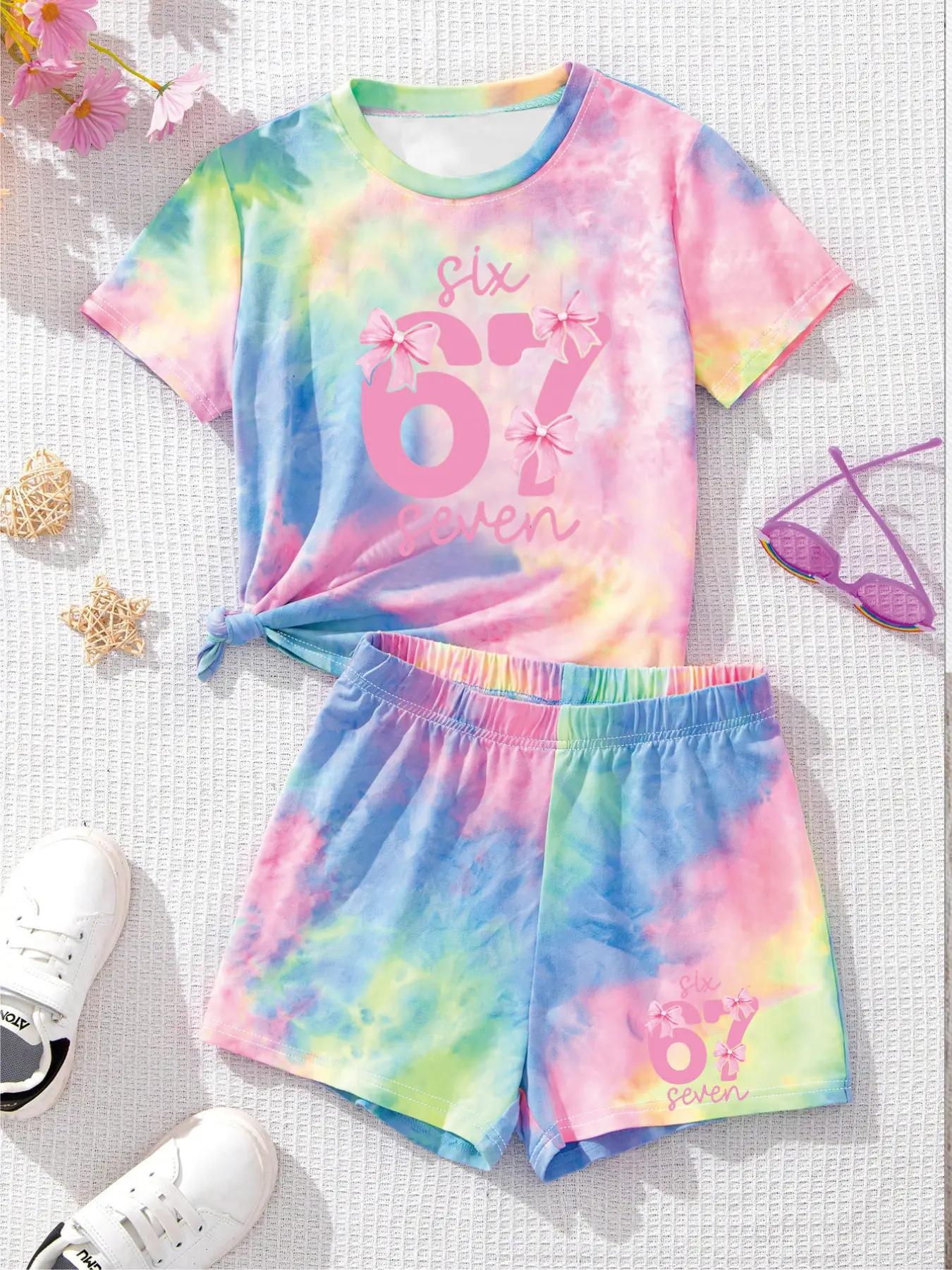 Trendy Girls 2Pcs Co-ord, Pastel Tie Dye 67 Number & Bow Graphic T-Shirt & Shorts Set for Summer Play & Daily Wear