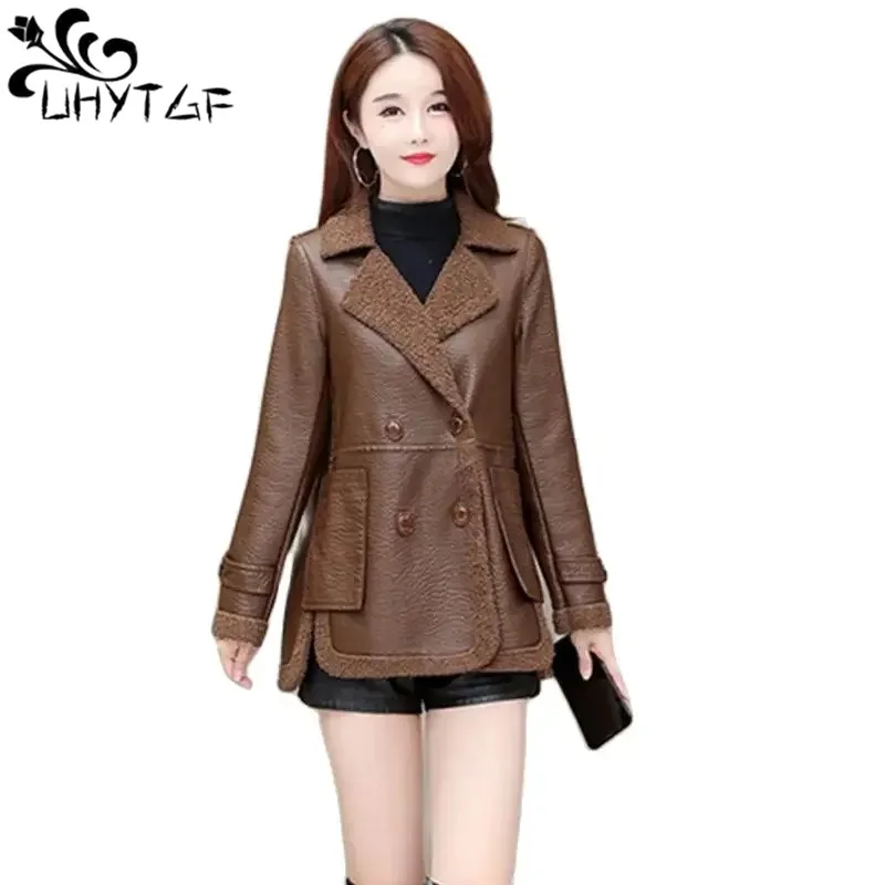 Luxury PU Leather Jacket Women\'s Plush Thicken Double-Breasted Winter Coat Female Double-Sided Wear Elegant Ladies Outewear 2403