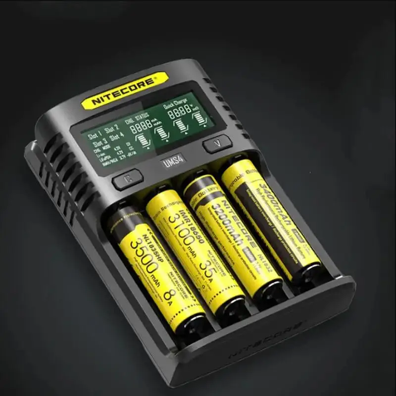 NITECORE Micro USB Port UMS4 UMS2 VC4 LCD Smart Universal Battery QC Charger for Li-ion/IMR/INR/ICR/LiFePO4 18650 14500 26650 AA