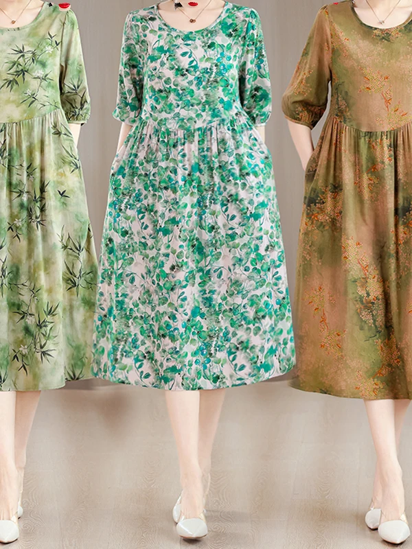 A-ligne Midi coton soie Dr femmes ample été imprimé haut de gamme sentiment maman ventre couvrant minceur Princ robe