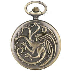 Three Heads Dragon Quartz Pocket Watch Retro Bronze Fire Monster Necklace Daenerys Jon Stark House Games Vintage Antique Watch