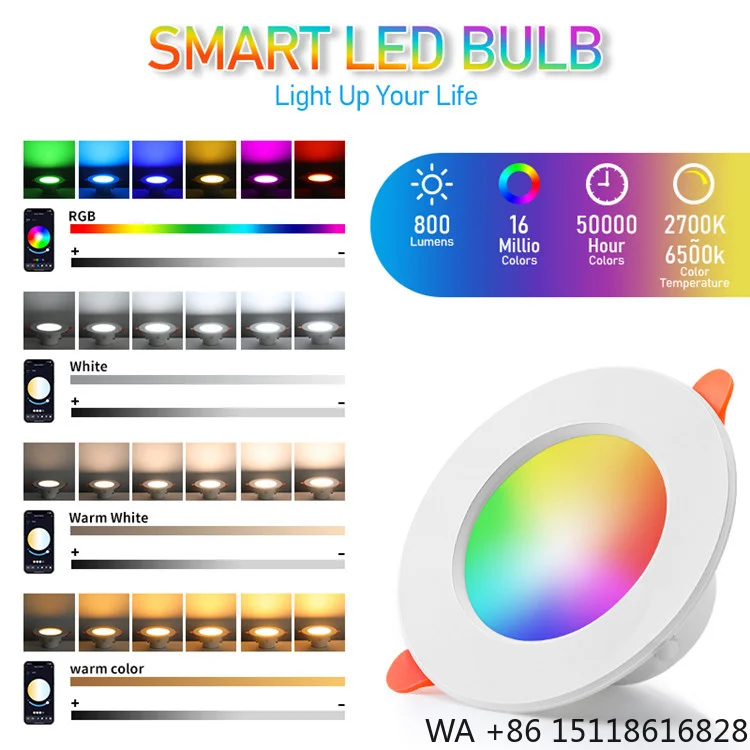 85-265V Color Changing LED Downlight RGBCCT 10W 15W with Alexa APP Smart Ceiling Lamp RGBW Dimmable LED Recessed Down Light