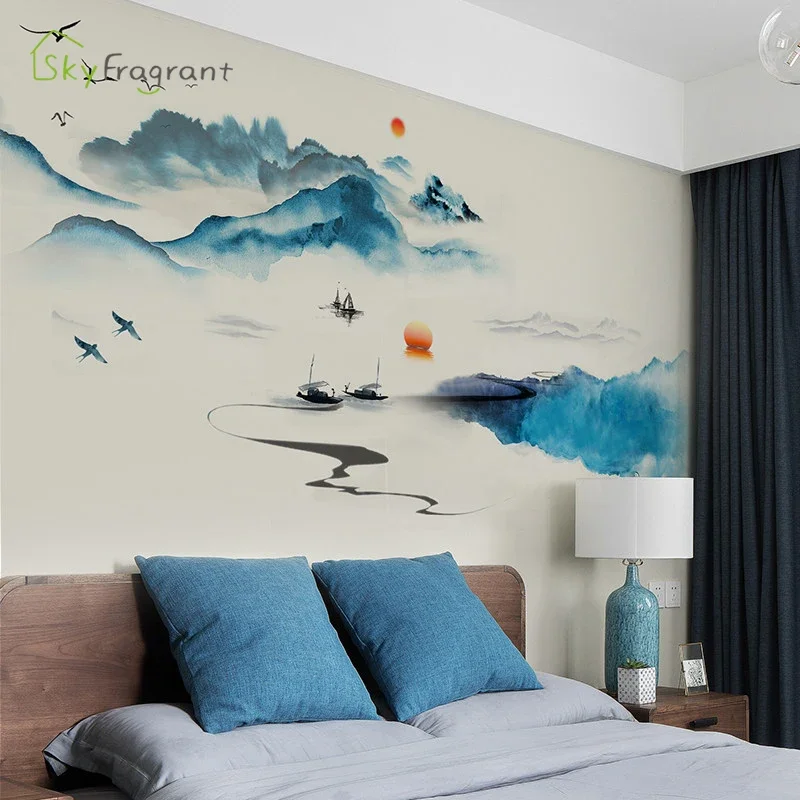 Landscape Ink Painting Wall Sticker Bedroom Bedside Decor Self-adhesive Stickers Living Room Decoration Wall Decor Home Decor