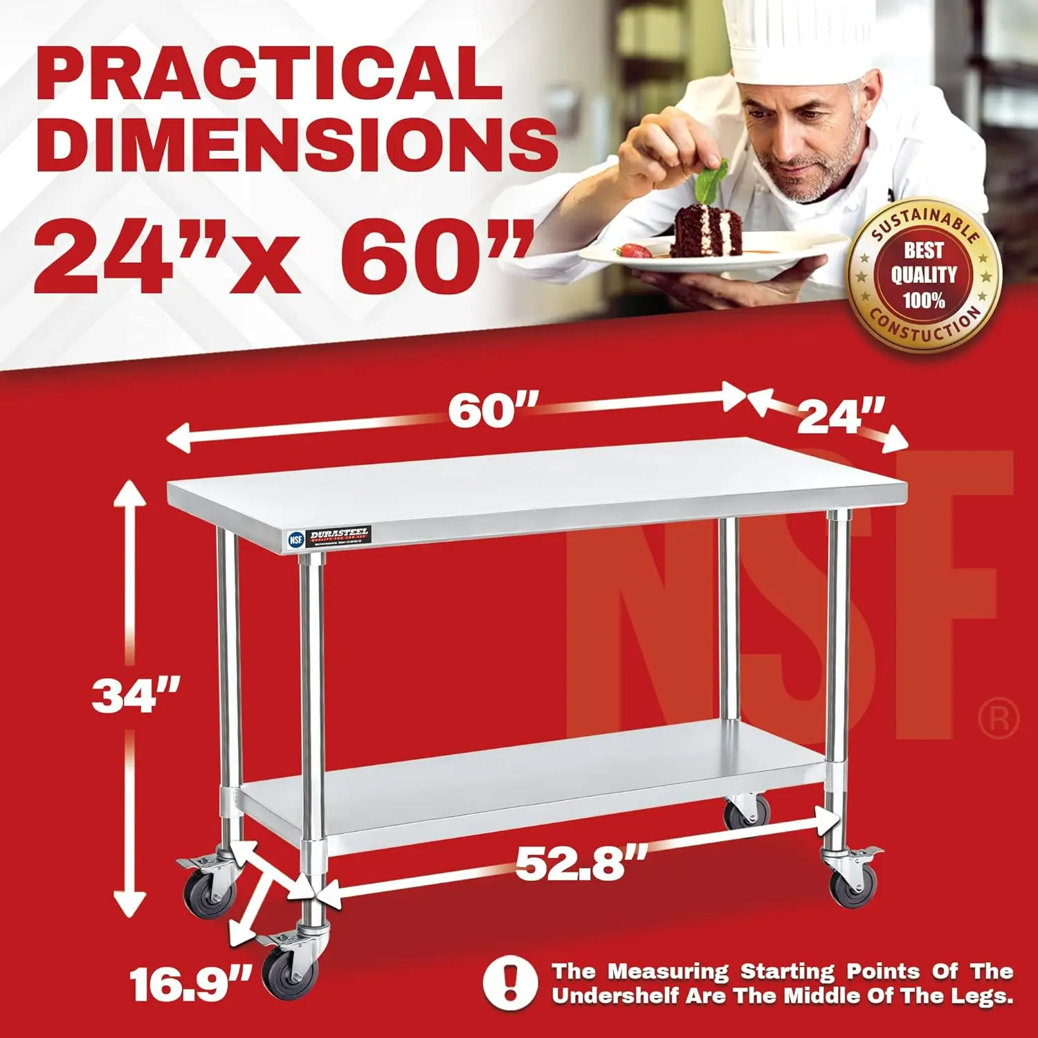 Stainless Steel Table - 24 x 60 Inch Metal Table Cart - Commercial Workbench with Caster Wheel