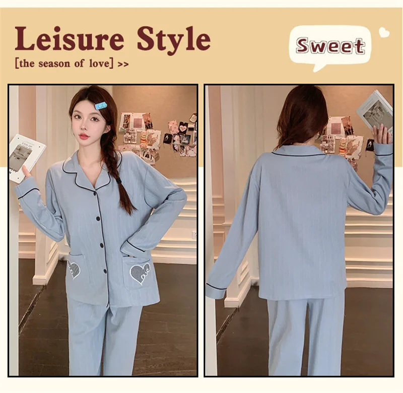 Lapel Collar Pajama Sets For Women Long Sleeve Cotton Pyjamas Femme Autumn Winter Sleepwear 2PCS Nightwear Home Clothing New