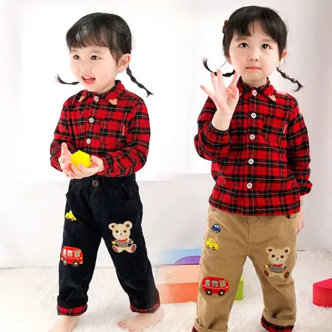 Japanese Autumn Kids Cotton Red Plaid Blouse High Qulaity Cartoon Bear Embroider T-shirt  Winter Base  Top for Boys and Girls