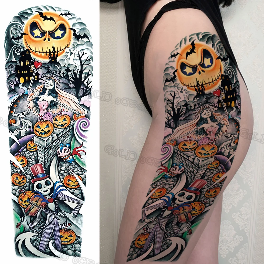 Tête de citrouille d'halloween réaliste, manches de tatouages temporaires pour femmes et hommes adultes Dragon et chauve-souris, faux tatouage en papier étanche