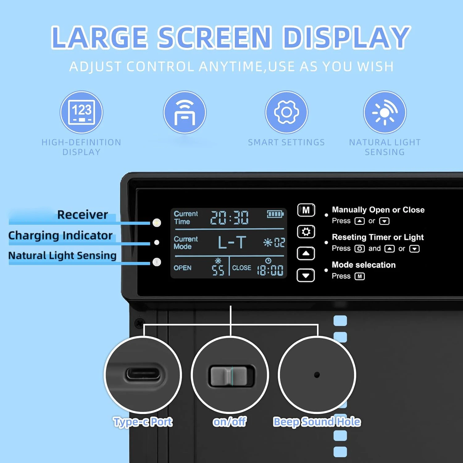 Solar powered automatic chicken cage door, capable of solar or USB charging, with timer and light sensing function
