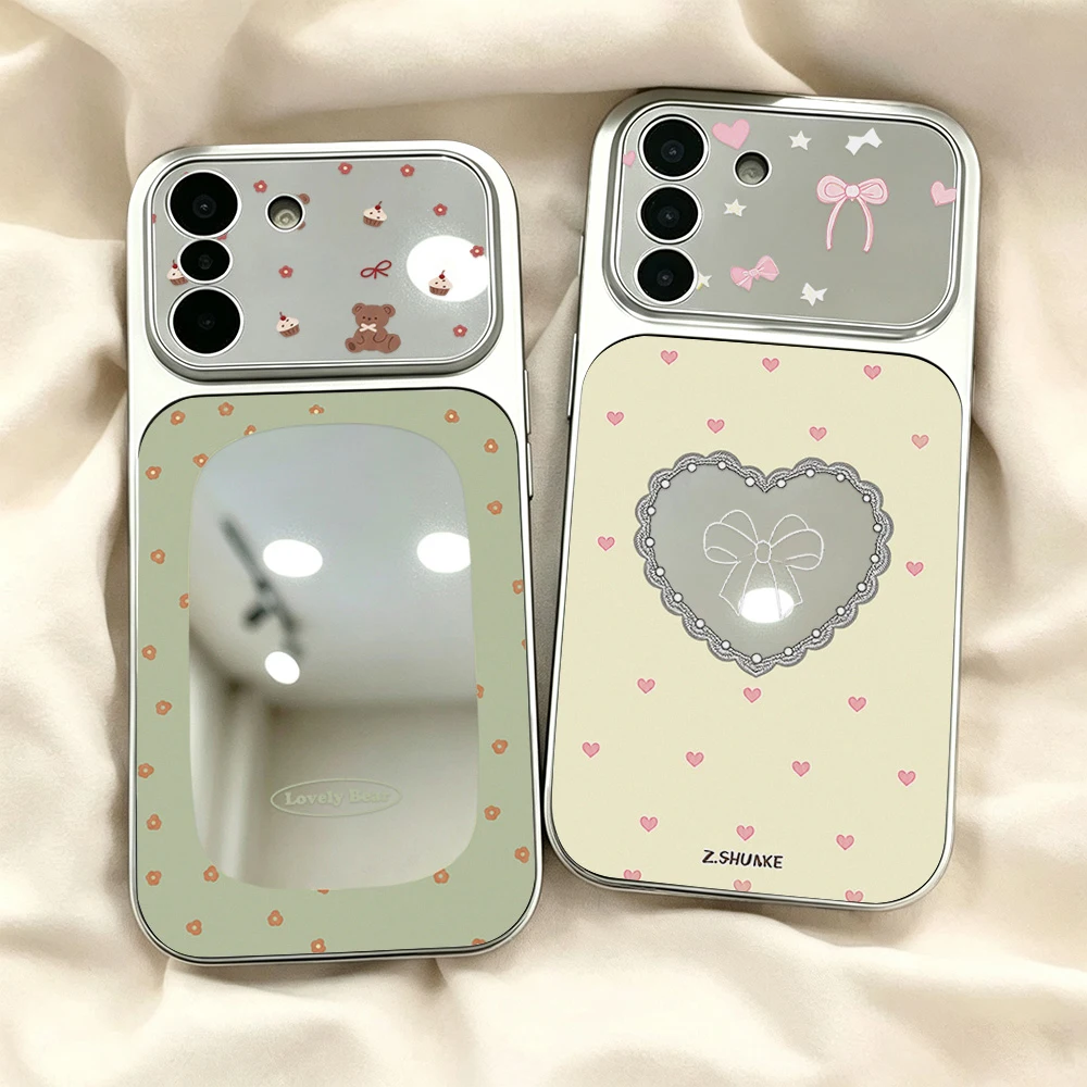 INS Korean Cute Flower Heart Mirror Phone Case For Samsung S26 S25 S24 S23 Ultra FE A57 A56 5g A16 A37 A17 A07 A55 A26 A54 Cover