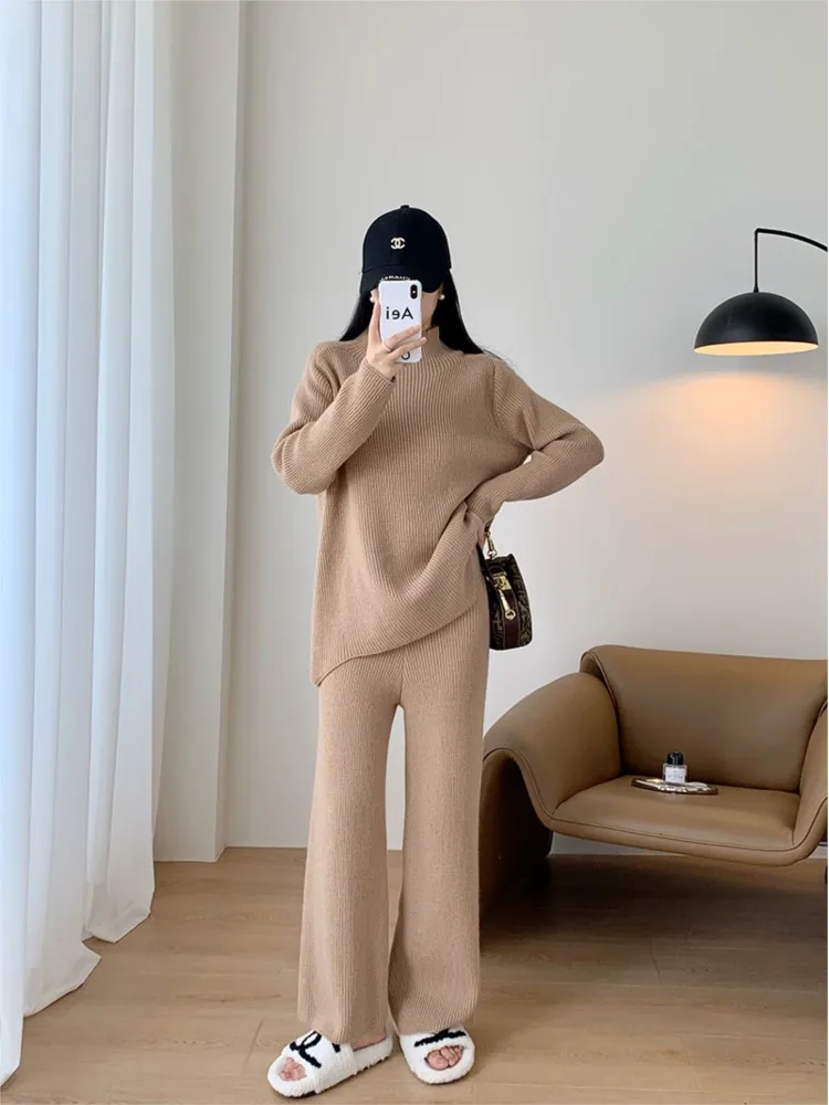 Knitted Autumn 2 Two Piece Set Women Casual Fashion Long Sleeve Ladies Sweaters Tops Loose Korean Style Woman Wide Leg Pants