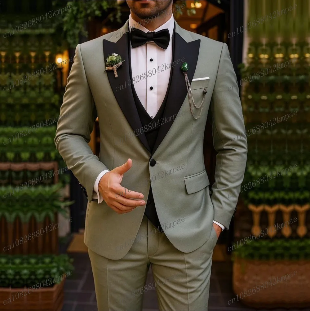 Mint Green And Black Formal Men Suit Groom Groomsman Wedding Party Prom Business Male Tuxedos 3 Piece Set Blazer Vest Pants