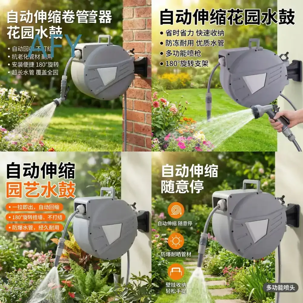 Automatic Retractable Hose Reel for Garden Water Drum Wall Mounted Multi Function Hose Winder for Outdoor Lawn Landscaping