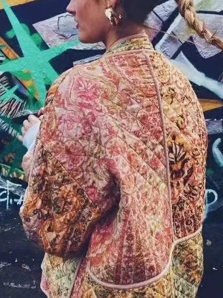 European and American autumn and winter new women's loose versatile stand-up collar positioning printed cotton coat