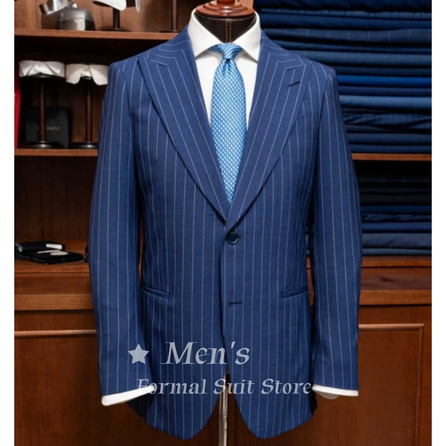 

Casual Mens Blue Chalk Stripe 2 Piece Suit Single Breasted Slim Fit Pants Formal Business Meetings Wedding Groom Customized