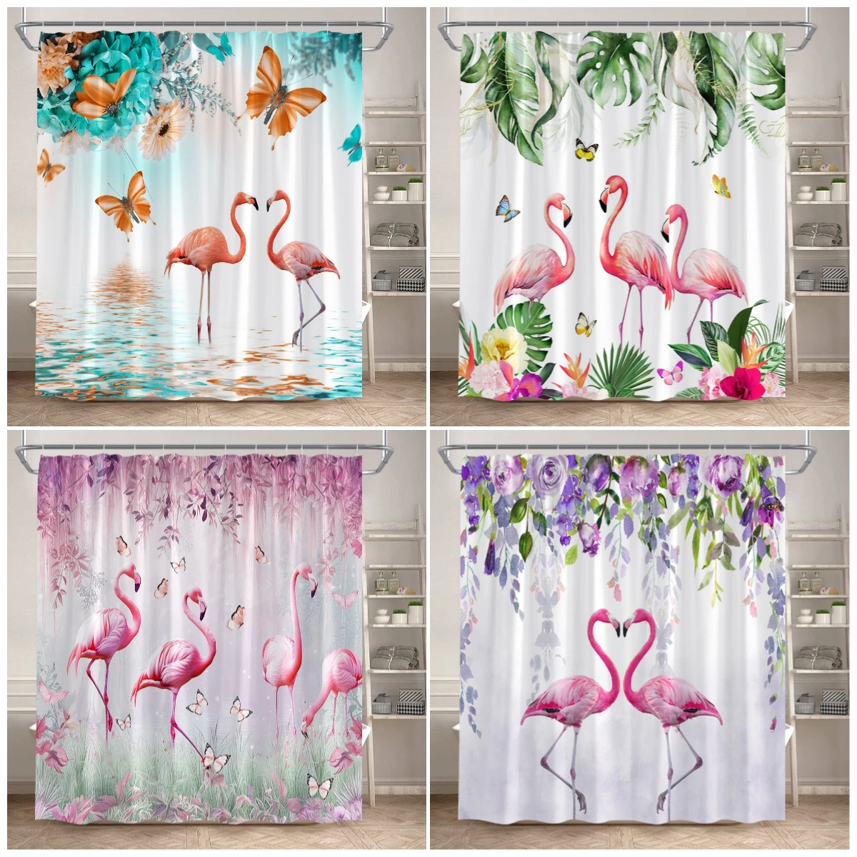 Flamingo Shower Curtain Tropical Jungle Plant Butterfly Lotus Flower Green Leaves Bathroom Curtains Fabric Home Decor with Hooks