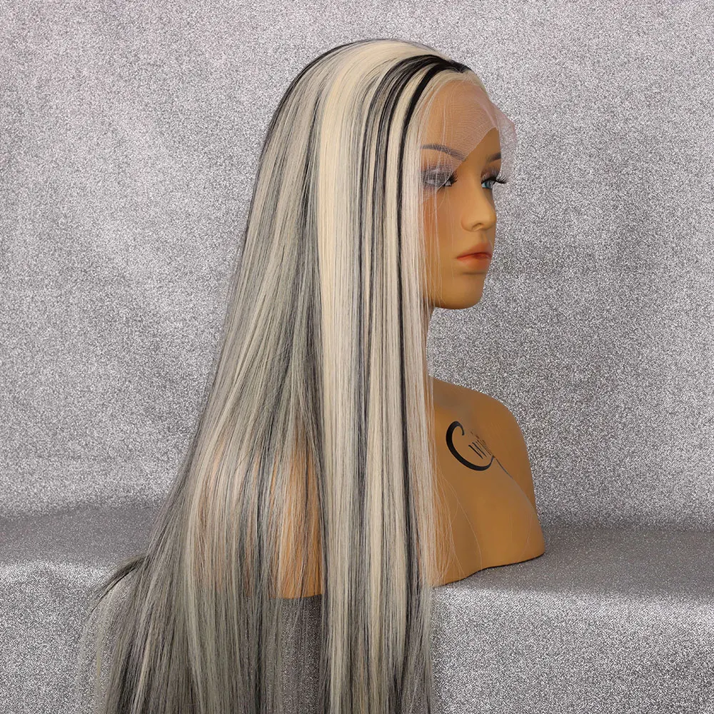 Highlight Black Blonde Bone Straight Long HD Transparent Lace Futura Heat Resistant Fiber Like Human Hair Synthetic Lace Wig