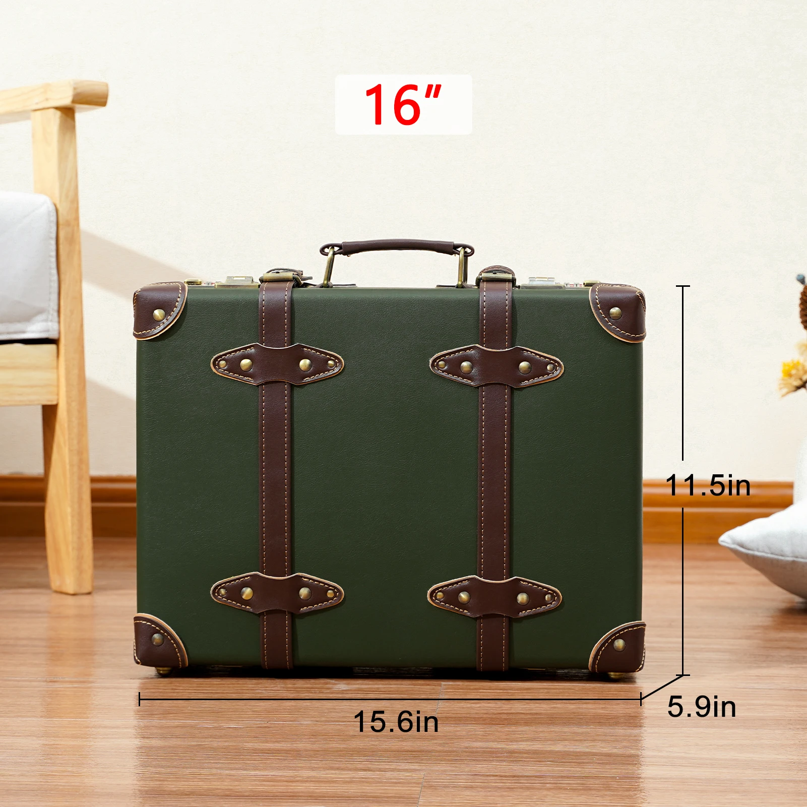 urecity Vintage and Cute Carry-on Overnight Case 16'' Non-wheeled Mini Leather Trunk Suitcase with Shoulder Strap