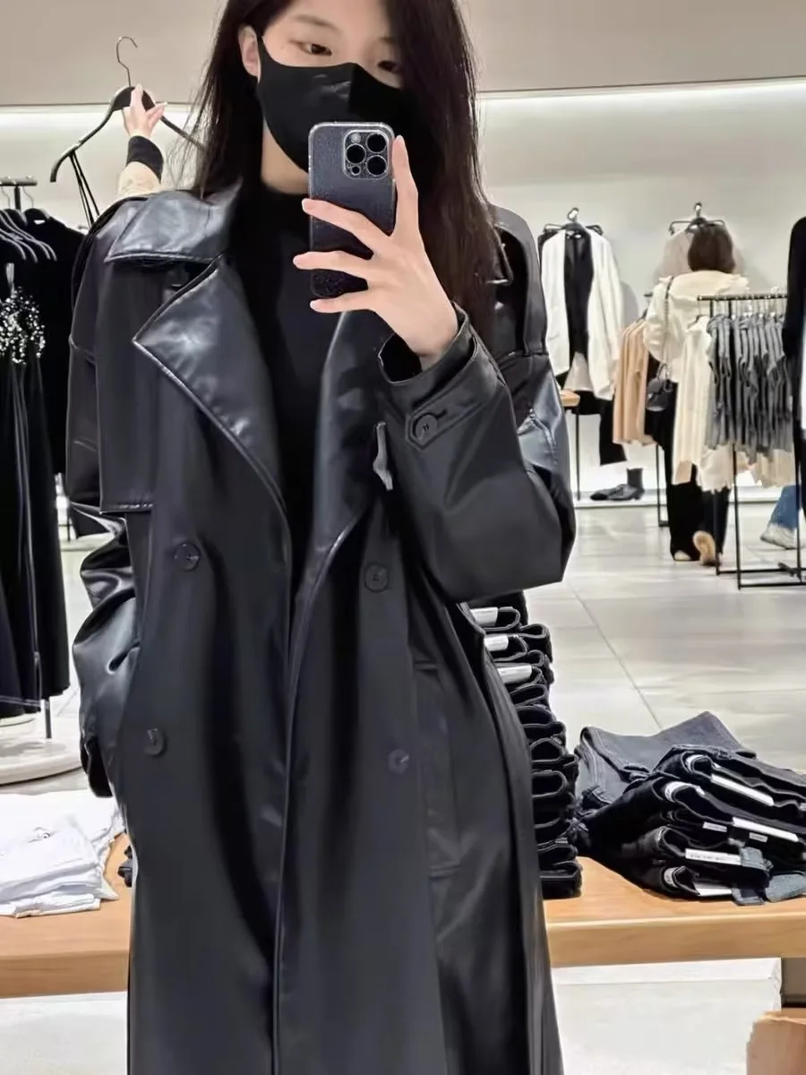 SUSOLA-Long Black PU Leather Trench Coat para as Mulheres, Patchwork, Double Breasted, solto, elegante, roupas de grife de luxo, outono, 2024