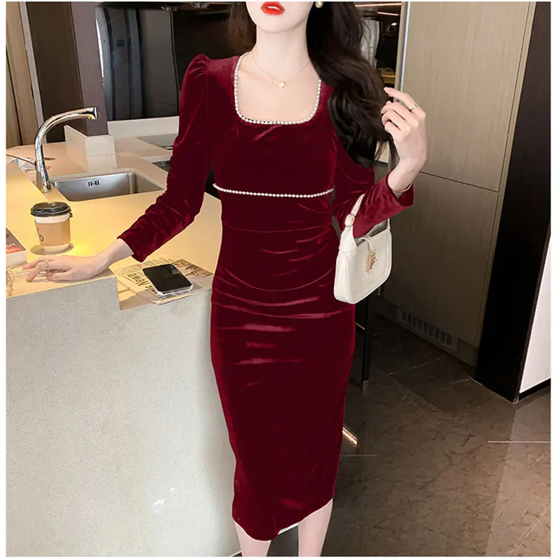 Women Autumn Winter Evening Party Dress Sweet Long Sleeve Velvet Vestidos Lady Elegant Square Collar Midi Dress