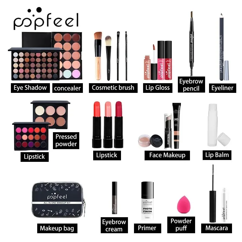 Set di Kit per il trucco, Set di cosmetici, Palette di ombretti, Set di lucidalabbra, rossetto liquido, spugna per il trucco, fondotinta, correttore, sopracciglio