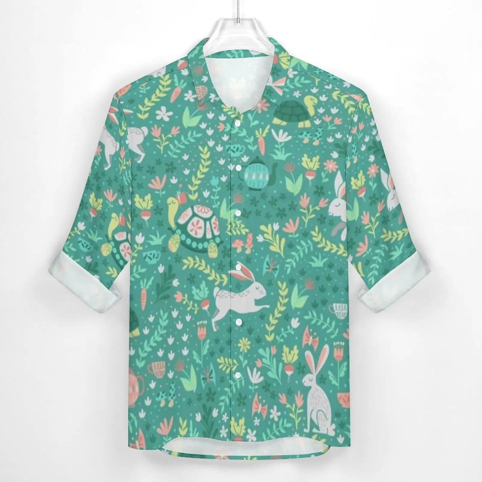 Garden Easter Shirt Autumn Bunnies and Turtles Floral Print Casual Shirts Men Cool Blouses Long Sleeve Graphic Y2K Clothing