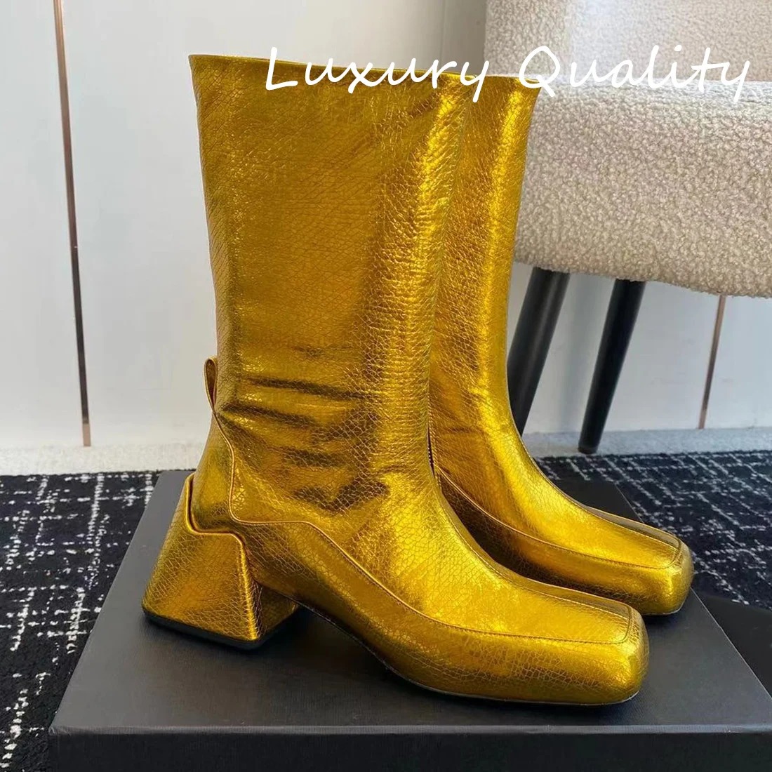 

2024 Women Long boots Coarse and square head Solid Color With zipper Genuine leather material High Quality comfortable