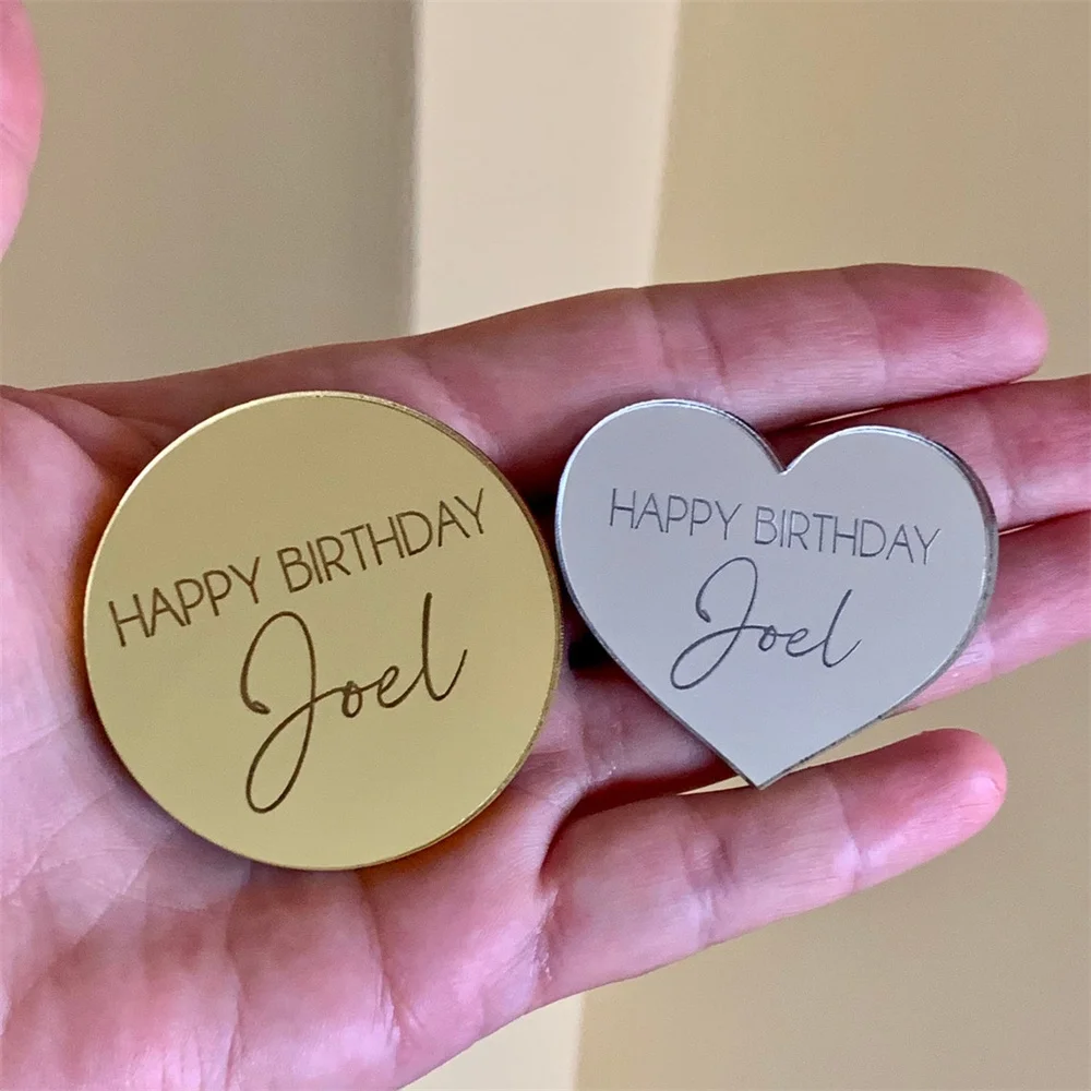 20/50/100Pcs Personalized Name Date Tag Custom Acrylic Circle Heart Cupcake Topper Tag Happy Birthday Wedding Baby Baptism Gift